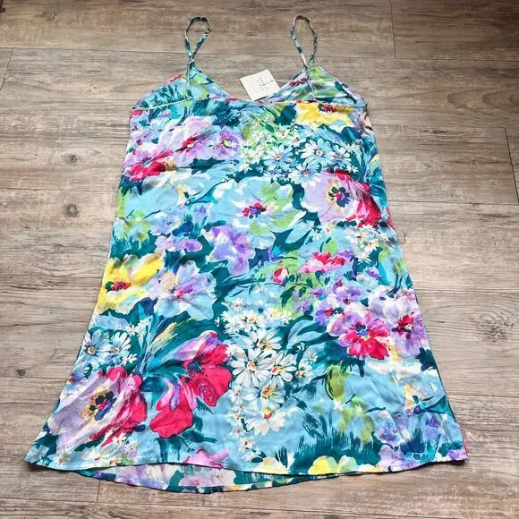 Robert Stock Silk Floral Slip Dress M NWT Blue Multicolor Spaghetti Strap Summer - Picture 2 of 10